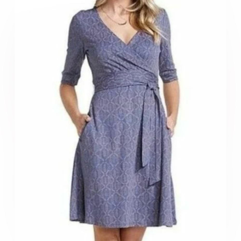 Toad Co. Cue Wrap Long Sleeve Dress A Line‎ Casual Blue Floral size Small Tencel